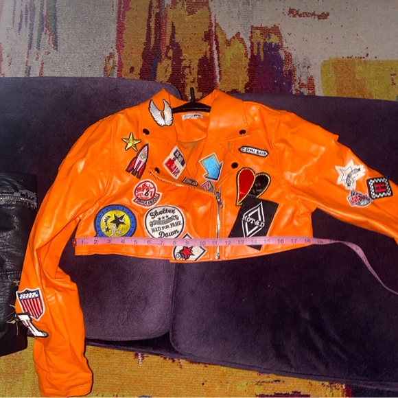 Fashion Nova Jackets & Blazers - Fashion Nova Cropped Moto Orange Faux Leather Jacket with Patches Sz L